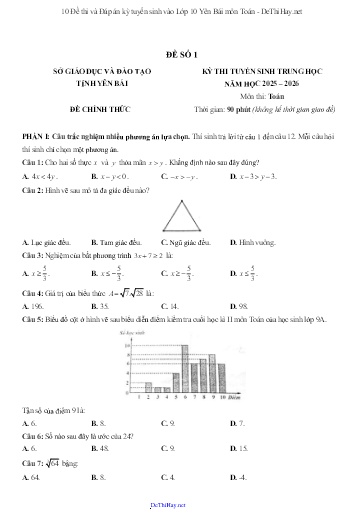 10 Đề thi và Đáp án kỳ tuyển sinh vào Lớp 10 Yên Bái môn Toán
