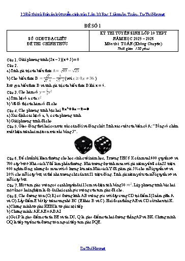 12 Đề thi và Đáp án kỳ tuyển sinh vào Lớp 10 Bạc Liêu môn Toán