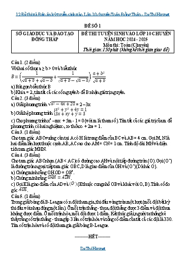 12 Đề thi và Đáp án kỳ tuyển sinh vào Lớp 10 chuyên Toán Đồng Tháp