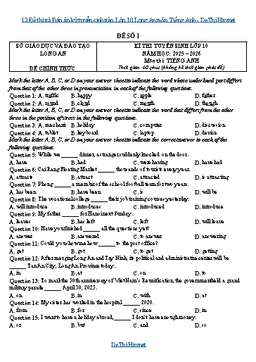 12 Đề thi và Đáp án kỳ tuyển sinh vào Lớp 10 Long An môn Tiếng Anh