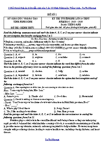 12 Đề thi và Đáp án kỳ tuyển sinh vào Lớp 10 Ninh Bình môn Tiếng Anh