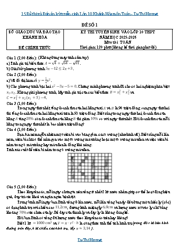 15 Đề thi và Đáp án kỳ tuyển sinh Lớp 10 Khánh Hòa môn Toán