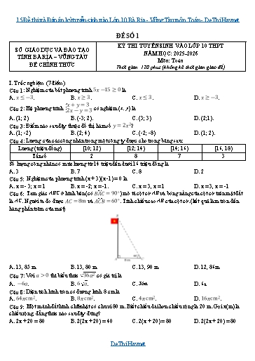 15 Đề thi và Đáp án kỳ tuyển sinh vào Lớp 10 Bà Rịa - Vũng Tàu môn Toán
