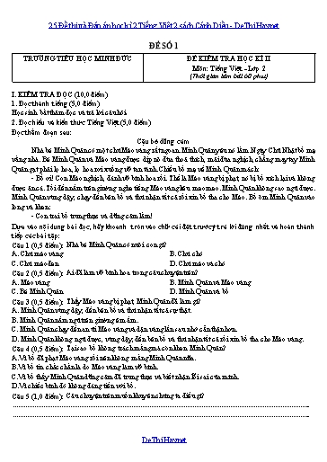 25 Đề thi và Đáp án học kì 2 Tiếng Việt 2 sách Cánh Diều