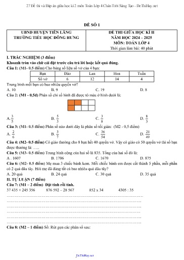 27 Đề thi và Đáp án giữa học kì 2 môn Toán Lớp 4 Chân Trời Sáng Tạo