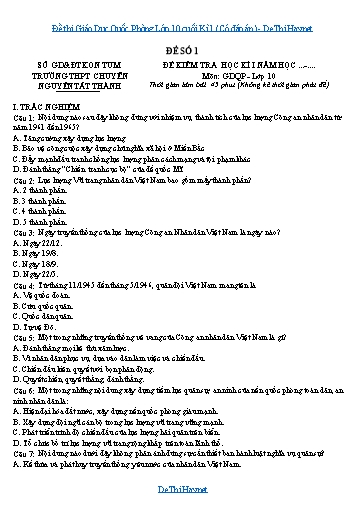 Đề thi Giáo Dục Quốc Phòng Lớp 10 cuối Kì 1 (Có đáp án)