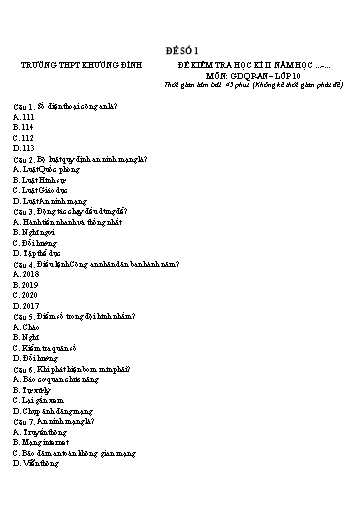 Đề thi Giáo Dục Quốc Phòng Lớp 10 cuối Kì 2 (Có đáp án)