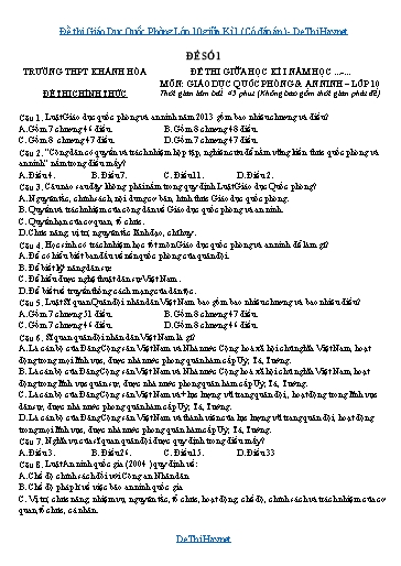 Đề thi Giáo Dục Quốc Phòng Lớp 10 giữa Kì 1 (Có đáp án)