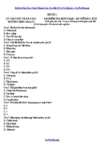 Đề thi Giáo Dục Quốc Phòng Lớp 10 giữa Kì 2 (Có đáp án)