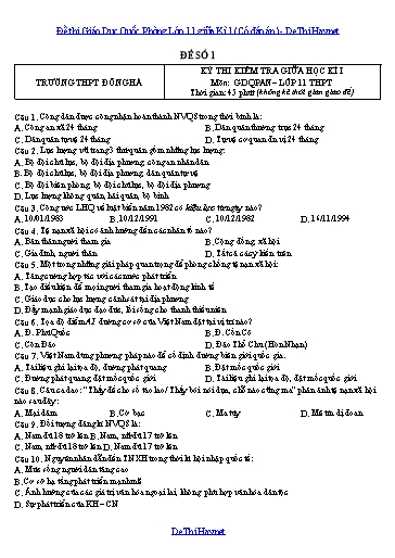 Đề thi Giáo Dục Quốc Phòng Lớp 11 giữa Kì 1 (Có đáp án)