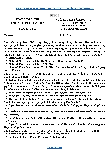 Đề thi Giáo Dục Quốc Phòng Lớp 12 cuối Kì 1 (Có đáp án)