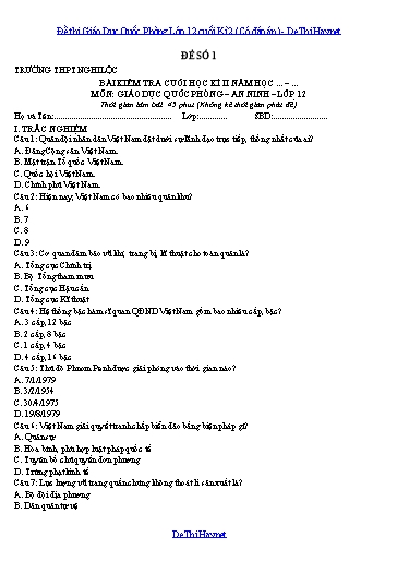 Đề thi Giáo Dục Quốc Phòng Lớp 12 cuối Kì 2 (Có đáp án)