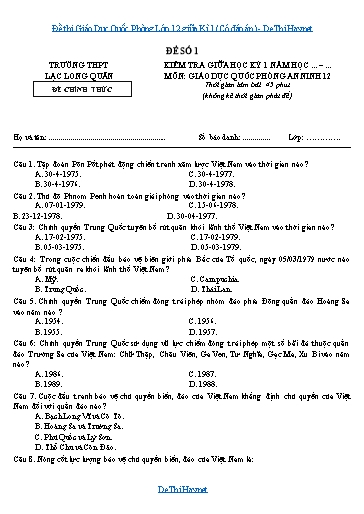 Đề thi Giáo Dục Quốc Phòng Lớp 12 giữa Kì 1 (Có đáp án)