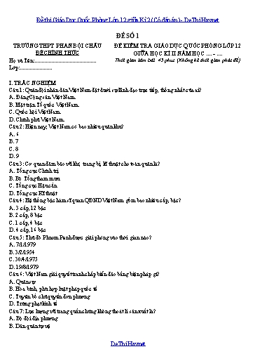 Đề thi Giáo Dục Quốc Phòng Lớp 12 giữa Kì 2 (Có đáp án)