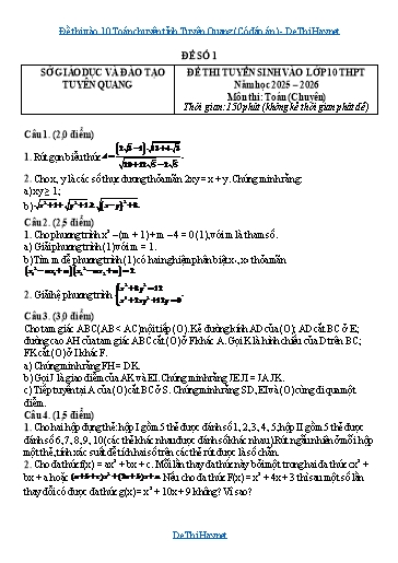 Đề thi vào 10 Toán chuyên tỉnh Tuyên Quang (Có đáp án)