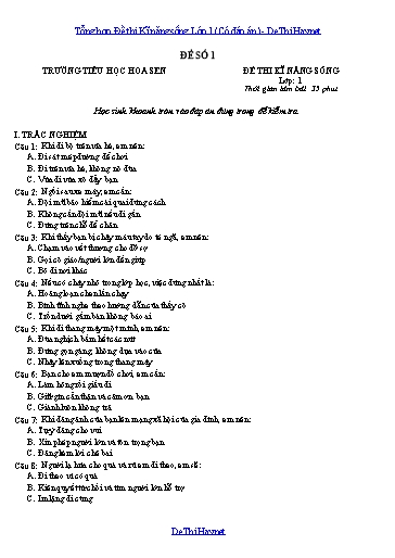 Tổng hợp Đề thi Kĩ năng sống Lớp 1 (Có đáp án)
