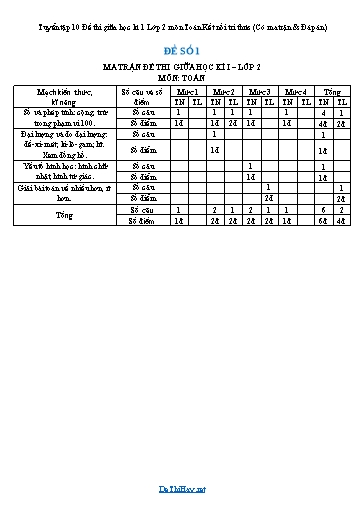 Tuyển tập 10 Đề thi giữa học kì 1 Lớp 2 môn Toán Kết nối tri thức (Có ma trận & Đáp án)