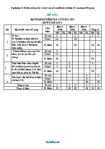 Tuyển tập 11 Đề thi cuối học kì 1 Lớp 4 môn Toán Kết nối tri thức (Có ma trận & Đáp án)