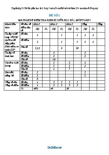 Tuyển tập 11 Đề thi giữa học kì 1 Lớp 5 môn Toán Kết nối tri thức (Có ma trận & Đáp án)