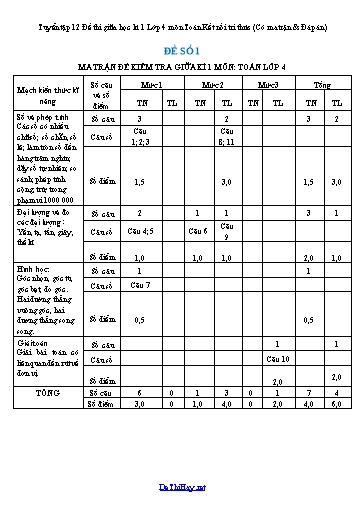 Tuyển tập 12 Đề thi giữa học kì 1 Lớp 4 môn Toán Kết nối tri thức (Có ma trận & Đáp án)
