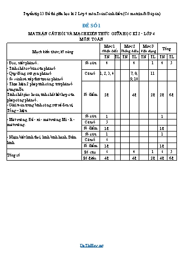 Tuyển tập 13 Đề thi giữa học kì 2 Lớp 4 môn Toán Cánh diều (Có ma trận & Đáp án)