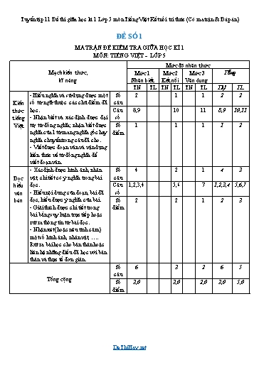 Tuyển tập 11 Đề thi giữa học kì 1 Lớp 5 môn Tiếng Việt Kết nối tri thức (Có ma trận & Đáp án)