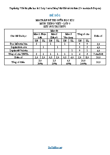 Tuyển tập 7 Đề thi giữa học kì 2 Lớp 5 môn Tiếng Việt Kết nối tri thức (Có ma trận & Đáp án)