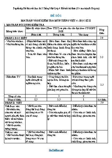 Tuyển tập Đề thi cuối học kì 2 Tiếng Việt Lớp 4 Kết nối tri thức (Có ma trận & Đáp án)
