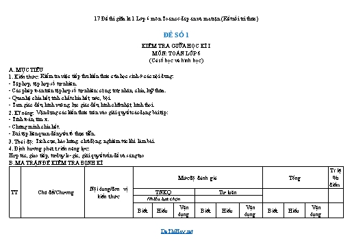 17 Đề thi giữa kì 1 Lớp 6 môn Toán có đáp án và ma trận (Kết nối tri thức)