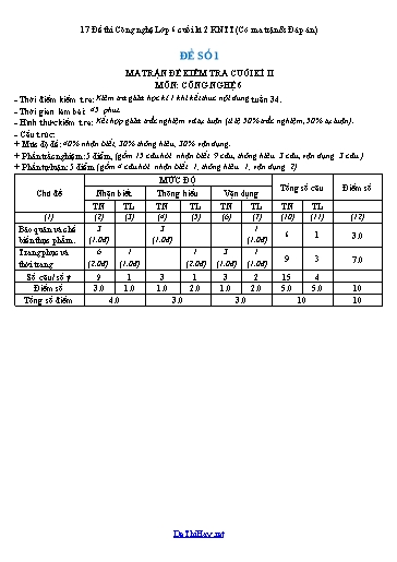 17 Đề thi Công nghệ Lớp 6 cuối kì 2 KNTT (Có ma trận & Đáp án)