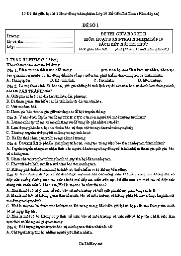 10 Đề thi giữa học kì 2 Hoạt động trải nghiệm Lớp 10 Kết Nối Tri Thức (Kèm đáp án)