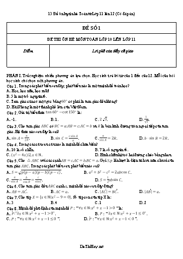 13 Đề ôn luyện hè Toán từ Lớp 11 lên 12 (Có đáp án)