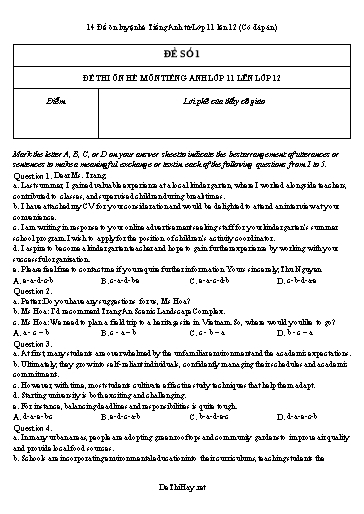 14 Đề ôn luyện hè Tiếng Anh từ Lớp 11 lên 12 (Có đáp án)