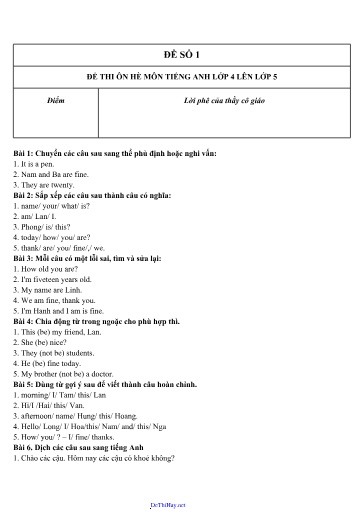 29 Đề ôn luyện hè Tiếng Anh từ Lớp 4 lên 5 (Có đáp án)