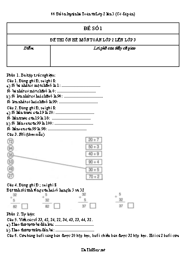 44 Đề ôn luyện hè Toán từ Lớp 2 lên 3 (Có đáp án)