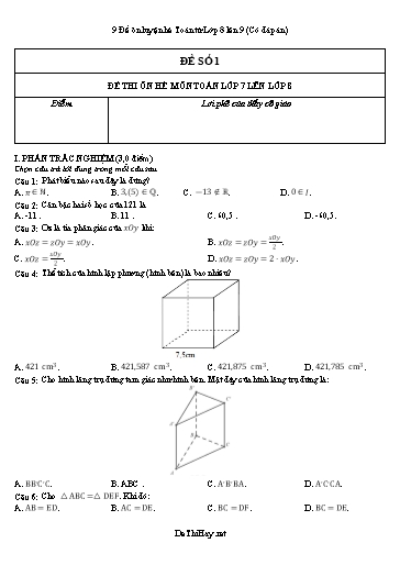 9 Đề ôn luyện hè Toán từ Lớp 8 lên 9 (Có đáp án)