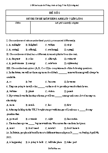 3 Đề ôn luyện hè Tiếng Anh từ Lớp 7 lên 8 (Có đáp án)