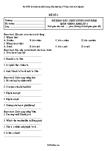 Bộ 8 Đề thi khảo sát chất lượng đầu năm lớp 4 Tiếng Anh (Có đáp án)